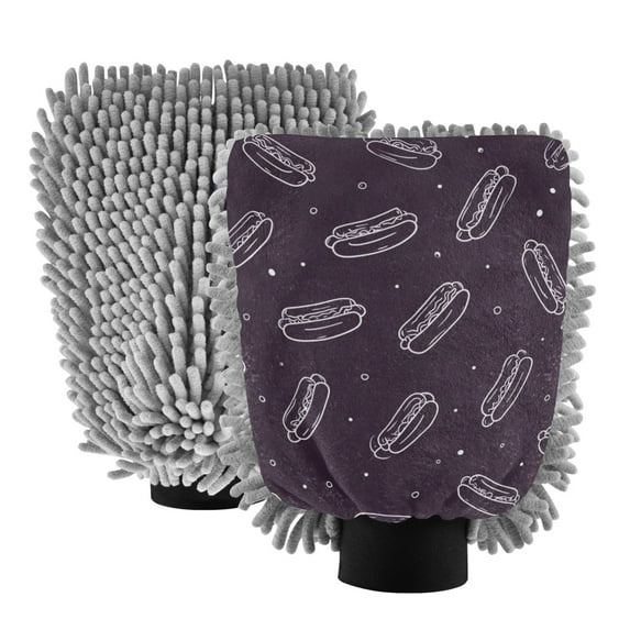 Microfiber Car Wash Gloves With Chenille & Polyester Terry Scratch-Free Cleaning Elastic Cuffs Simple Line Art Hot Dogs