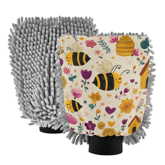 Microfiber Car Wash Gloves With Chenille & Polyester Terry Scratch-Free Cleaning Elastic Cuffs Smilling Bees