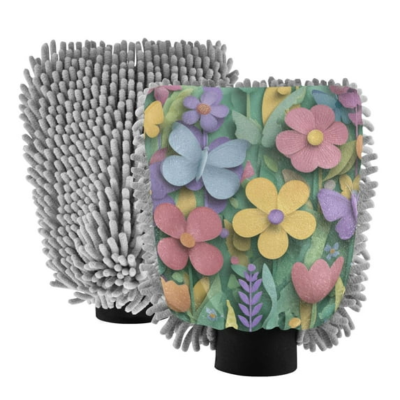 Microfiber Car Wash Gloves With Chenille & Polyester Terry Scratch-Free Cleaning Elastic Cuffs Spring Florals
