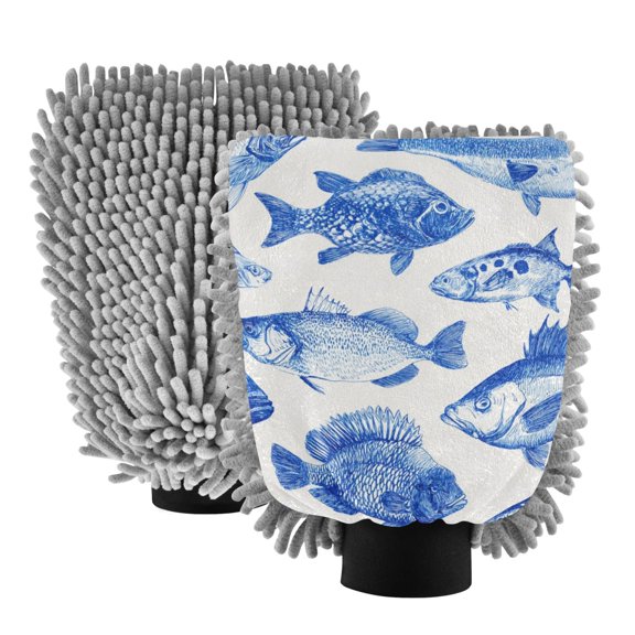 Microfiber Car Wash Gloves With Chenille & Polyester Terry Scratch-Free Cleaning Elastic Cuffs Various Fishes