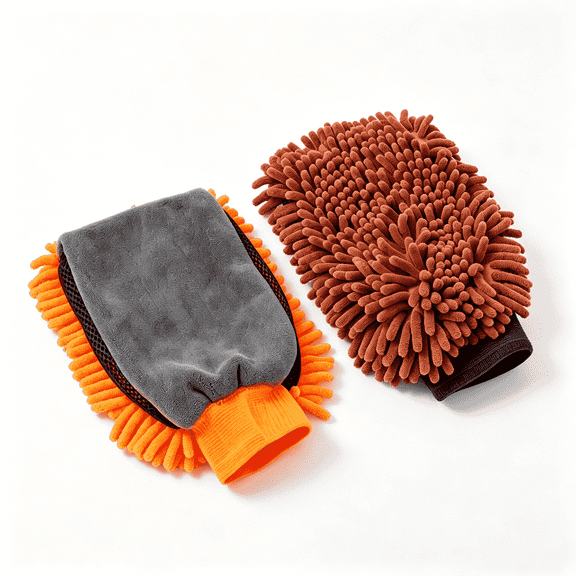 Microfiber Car Wash Mitts 2 Pack, Double Sided Chenille Cleaning Gloves with High Absorbency, Scratch Resistant Auto Detailing Wash Mitt for Cars, Trucks, SUVs, Brown & Orange