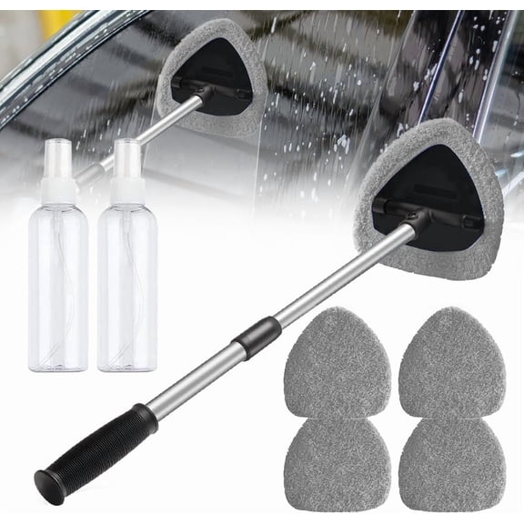 Microfiber Car Windshield Cleaning Tool, 180 Degree Rotatable Inside Windshield Cleaning Set, 6pcs Set with 4 Reusable Pads 2 Spray Bottles, Interior Exterior Window Cleaner Tool for Car