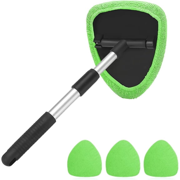 Microfiber Car Windshield Cleaning Tool with Extendable Handle, Car Window Cleaner with 4 Washable Pads, Auto Glass Wiper for Interior Exterior Cleaning