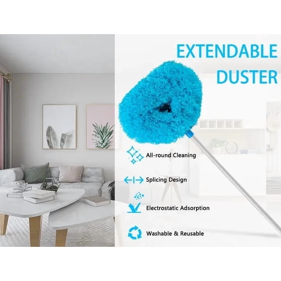 Microfiber Ceiling Fan Cleaning Duster,Ceiling Fan Cleaner Duster Reusable Microfiber Ceiling Fan Blade Cleanerwith Extension Pole 13 to 50 inch for Furniture Bookshelves Wall Door Blue