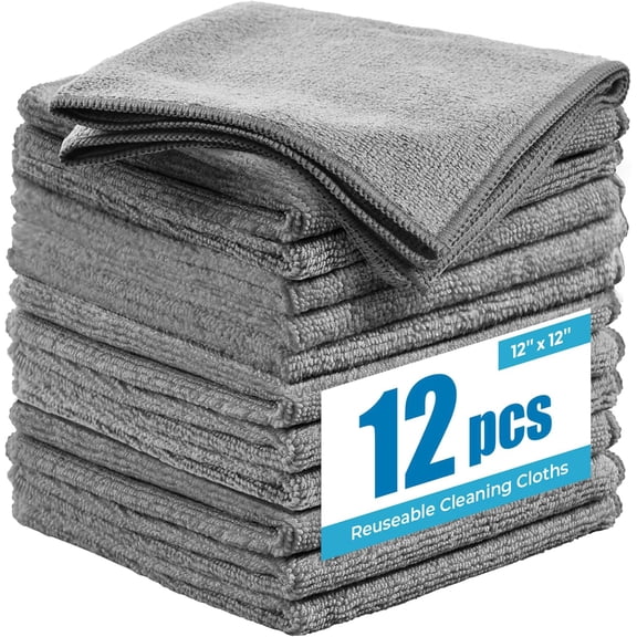 Microfiber Cleaning Cloth 12 Pack - 12x12 Inch Grey Microfiber Towels for Cars - Super Absorbent Lint Free Streak Free Microfiber Rags for Washing, Polishing, Buffing and Drying