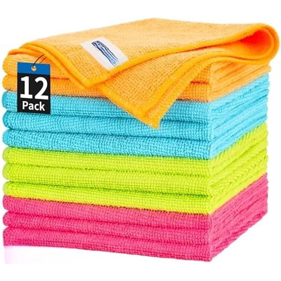 Microfiber Cleaning Cloth, 12 Pack Cleaning Rags, 12" x 12" Microfiber Towel, Lint Free Non-Abrasive Dusting Cloth, Microfiber Towels for Cars Kitchen Garage House Office