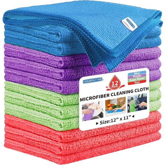 Microfiber Cleaning Cloth, 12 Pack Cleaning Rags,12" X 11" Lint Free Dish Towels Wash Cloths, Reusable Microfiber Towels for Home and Kitchen Bathroom Apartment Cleaning Supplies, Assorted