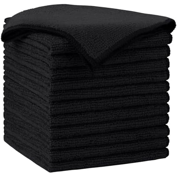 Microfiber Cleaning Cloth-12PK, Soft Microfiber Towels for Cars, Absorbent Cleaning Rags, Lint-Free Streak-Free Wash Cloths for House, Kitchen, Window(12in.x12in), Black