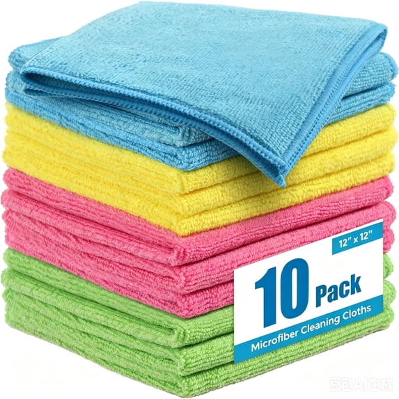 Microfiber Cleaning Cloth 220GSM, Pack of 10, Size:12" x 12", Ultra-Soft, High-Density Non-Abrasive Cleaning Towels for Cars, Glass, Kitchen, Reusable Rags,