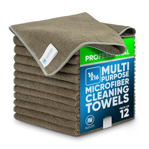 Microfiber Cleaning Cloth | Gray | 12 Pack | 16” X 16” | All Purpose Microfiber Towels - Clean, Dust, Polish, Scrub, Absorbent