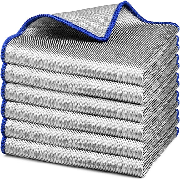 Microfiber Cleaning Cloth Polishing Glass Cleaner Absorbent Kitchen Towel Quick Drying Miracle Lint Free Rags for Household Auto Detailing Bathroom, Pack of 6, 12 x 12 Inch, Sliver-Blue