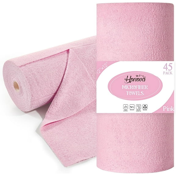 Microfiber Cleaning Cloth Roll 45 Pack 12x12 inch, Reusable Tear Away Paper Towels, Pink Absorbent Rags for Kitchen Car Window