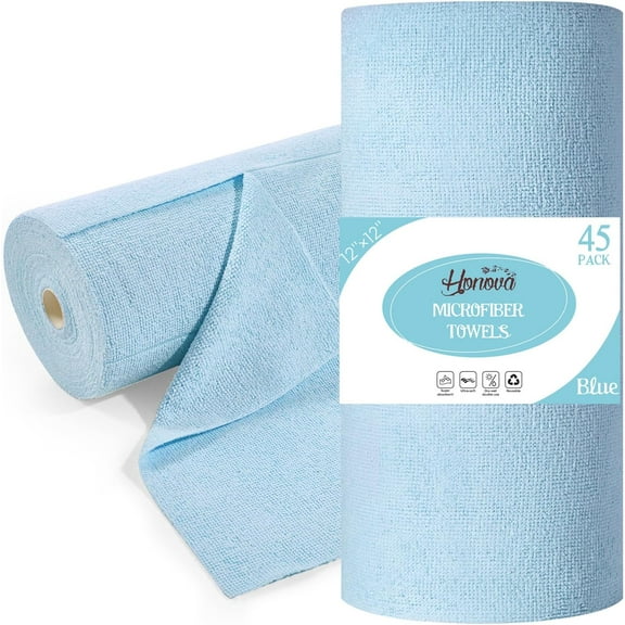 Blue Microfiber Cleaning Cloth Roll 45 Pack 12x12 inch, Washable Tear Away Towels for Kitchen Window Garage Shop