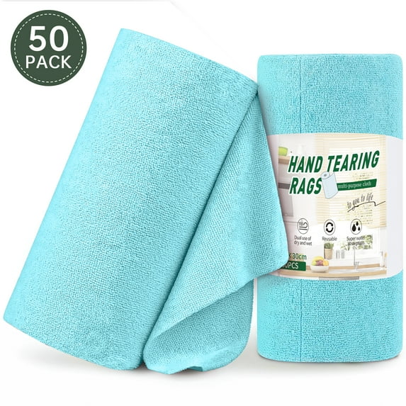Microfiber Cleaning Cloth Roll, 50 Pack Reusable Tear Away Towels, 11.8" x 11.8", Cleaning Supplies Dish Rags Ultra Absorbent and Lint Free Cleaning Rags Towels for Car, House, Kitchen, Blue