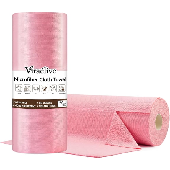 Microfiber Cleaning Cloth Roll, 50 Tear-Away Sheets, Reusable & Washable, Lint-Free, Non-Scratch Super Absorbent Towels for Kitchen, Home, Car, Windows & Screens, Pink Wave Pattern, 12x12 in