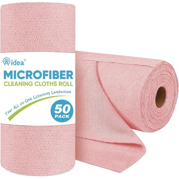 Microfiber Cleaning Cloth Roll 50 Pack, 11.5x11.5 inch Reusable Tear Away Paper Towels, Pink Lint Free Rags for House Kitchen Car Garage Shop