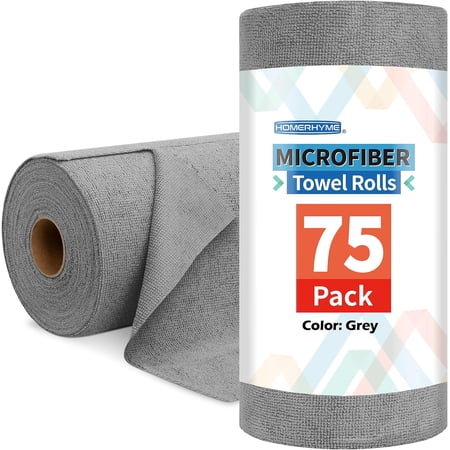 Microfiber Cleaning Cloth Roll, 75 Pack Tear Away Microfiber Towels, Reusable Washable Shop Towels, Lint Free Cleaning Rags for Car, Home, Garage & Workshop 11.5"x11.5" Grey
