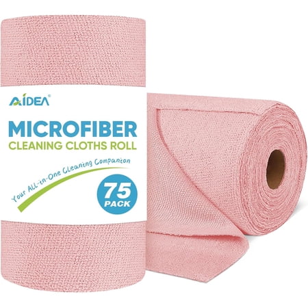 Microfiber Cleaning Cloth Roll, 75PK, Tear Away Reusable Paper Towels, Pink Towels Lint Free Rags for House, Kitchen, Car Cleaning Supplies, 11.5"×11.5"
