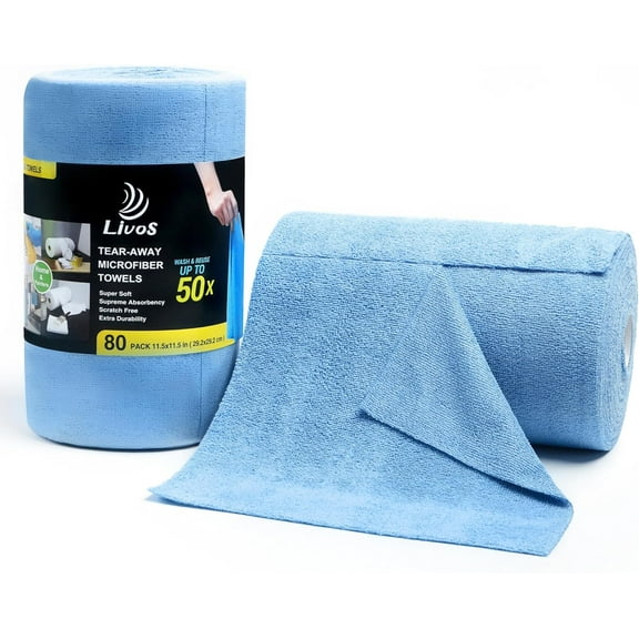 Microfiber Cleaning Cloth Roll - 80 Pack, Reusable Paper Towels Blue Tear Away, Microfiber Towels for Cars, Super Absorbent Lint Free Cleaning Rags for House, Kitchen, Window-11.5"x11.5"