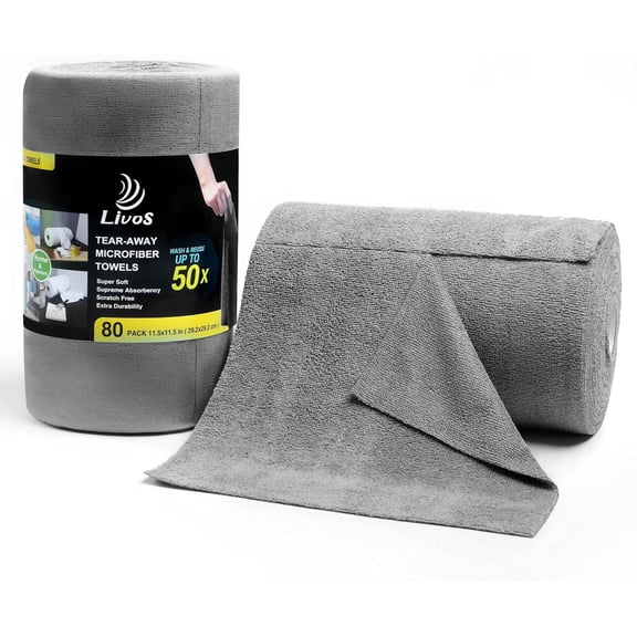 Microfiber Cleaning Cloth Roll - 80 Pack, Reusable Paper Towels Grey Tear Away, Microfiber Towels for Cars, Super Absorbent Lint Free Cleaning Rags for House, Kitchen, Window-11.5"x11.5"