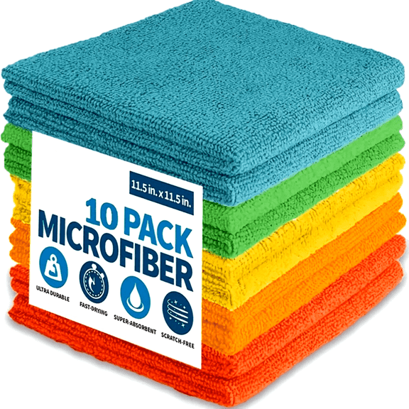 10 Piece Microfiber Cleaning Cloth Set, Highly Absorbent Car Cleaning Supplies, Lint Free Cloths, Suitable for Car Maintenance, Home, Kitchen, 11.8 x 1.8"