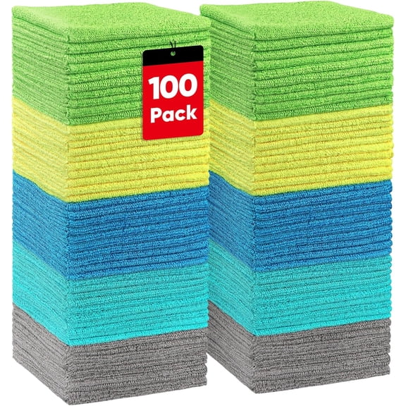 Microfiber Cleaning Cloths, 100 Pack Microfiber Towels for Cars, Lint & Scratch-Free Bulk Cleaning Rags for House, Kitchen, Car and Shop, Multicolor Absorbent Cleaning Towels 11.5 x 11.5 inch