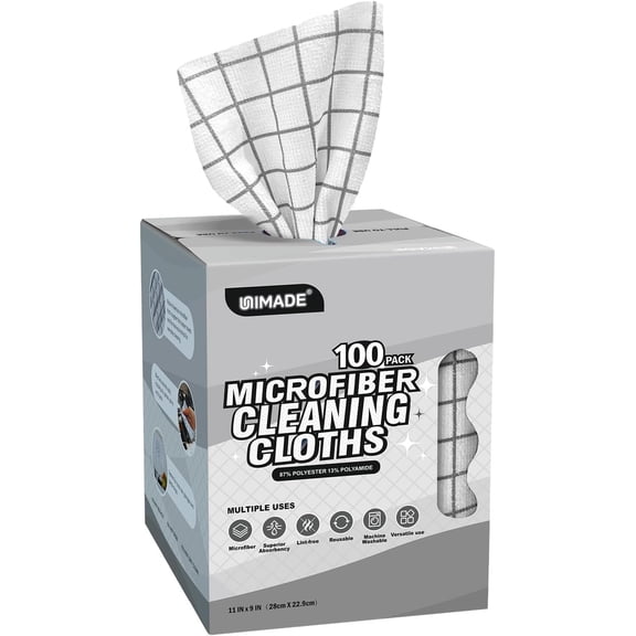 Microfiber Cleaning Cloths, 100 Sheets Reusable Kitchen Towels & Dish Cloths, Lint-Free Absorbent Cleaning Rags, Bulk Kitchen Cleaning Cloths for Household & Restaurant, 11" x 9", Grid Pattern