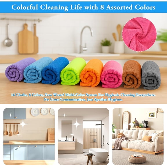 Microfiber Cleaning Cloths 16 Pack 8 Color Cleaning Rags for Housekeeping Home Kitchen Bathroom Car,11.5"X11.5" Soft Lint Free Wet and Dry Use Dusting Cleaning Supplies Towels