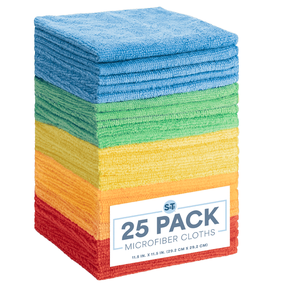 S&T INC. 25 Pack Microfiber Cleaning Cloths, Bulk Towels for Home, Cars, Cleaning, Assorted Colors, 11.5 inches x 11.5 inches, 25 Count