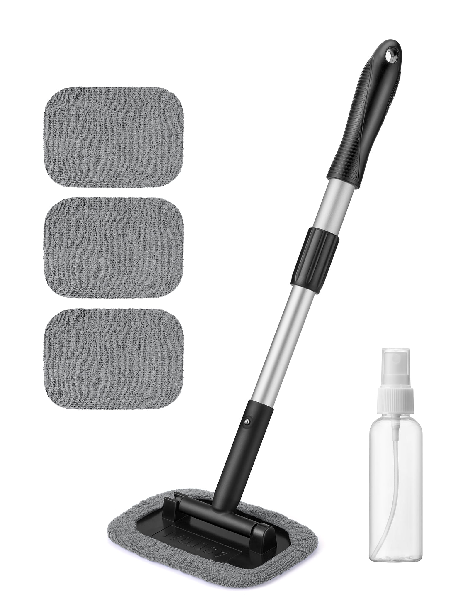 AstroAI Car Window Cleaning Tool Windshield Cleaner with Extendable 180° Rotating Handle, 4 Reusable Washable Large Sponge Pads, Spray Bottle,  for Cars & SUVs, Gray