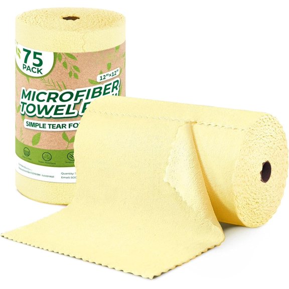 Microfiber Cleaning Cloths Roll, 75 Pack Microfiber Towels Roll, 12" x 12" Lint Free Rags, Cleaning Cloths, Washable, Scratch Free,Ultra Absorbent Dish Rags(Yellow)