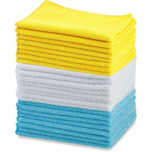 Microfiber Cleaning Cloths, Ultra Absorbent, Lint Free, Streak Free, Non-Abrasive, Reusable and Washable, 16" x 12", Blue/White/Yellow, Pack of 24