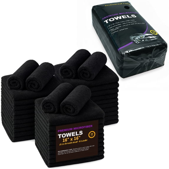 Microfiber Cleaning Towels, 3 Dozen Commercial and Household Bulk Pack, Ultra Soft Plush Wash-Cloths, Microfiber Detailing Cleaning Cloths for Car, Household and Commercial (Black, 16" x 16")