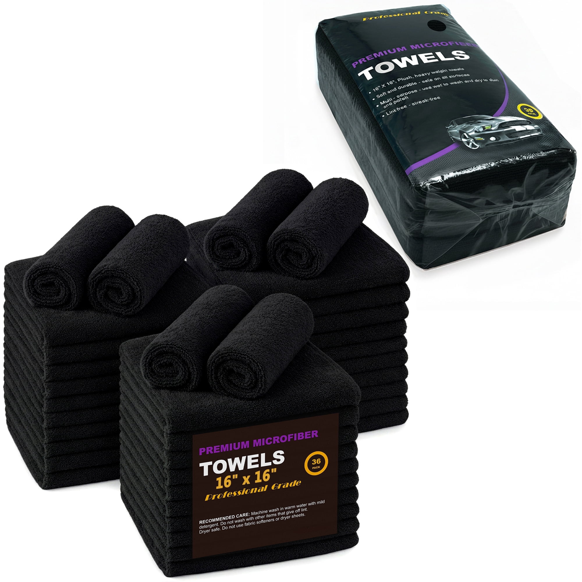 Microfiber Cleaning Towels, 3 Dozen Commercial and Household Bulk Pack, Ultra Soft Plush Wash-Cloths, Microfiber Detailing Cleaning Cloths for Car, Household and Commercial (Black, 16" x 16")