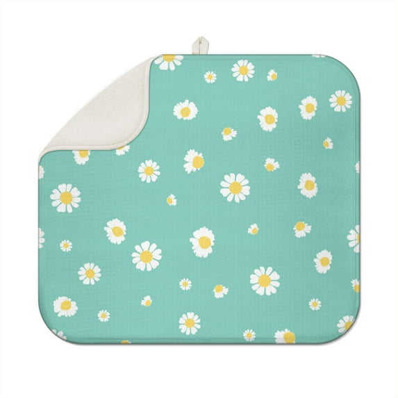 Microfiber Daisy Dish Drying Mat for Kitchen Counter Floral Dish Rack Pad Washable Foldable Drainer Mat Spring Summer Flowers 16x18 Inch