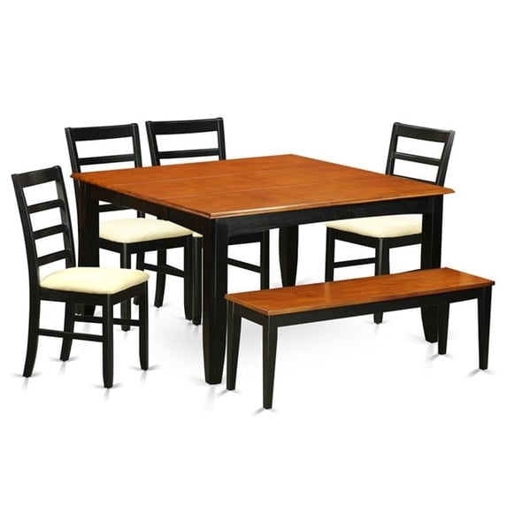Microfiber Dining Room Set with Kitchen Tables & 4 Chairs Plus Bench, Black & Cherry - 6 Piece