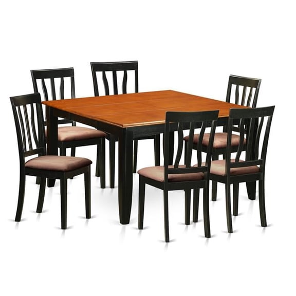 Microfiber Dining Room Table Set - Table & 6 Wooden Chairs, Black & Cherry - 7 Piece