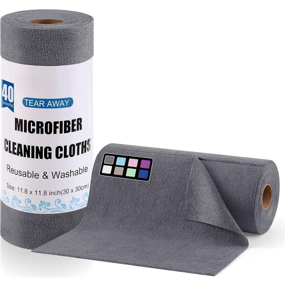 Microfiber Dish Cloths Rolls, Tear Away Washable Reusable Cleaning Rags, 40 Sheets 11.8x11.8 Inch, Ultra Absorbent Quick Drying Towels for Kitchen, Car, Glass, Electronics, Bathroom, Gray