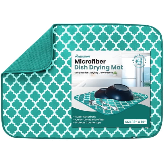 Bambusi Microfiber Dish Drying Mat for Kitchen Counter, Reversible Dish Drainer Mat, 18 x 14 Inch Teal Green