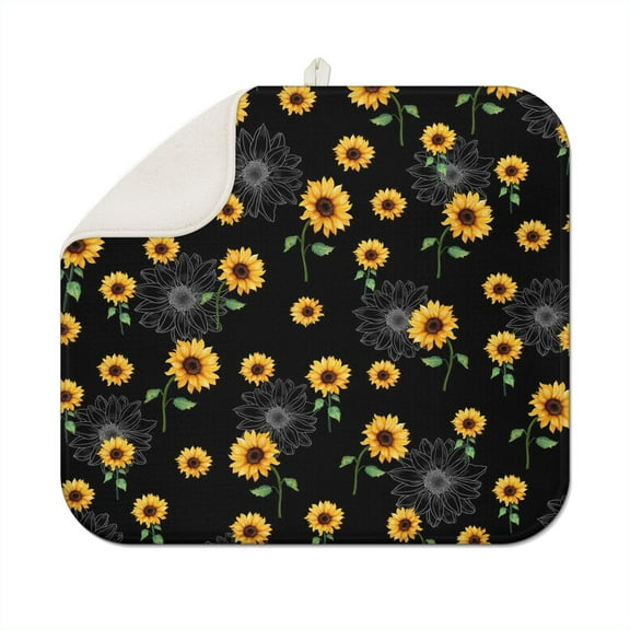 Microfiber Dish Drying Mat Sunflower Print Foldable Absorbent Rack Pad for Kitchen Sink or Counter 16x18 Inch