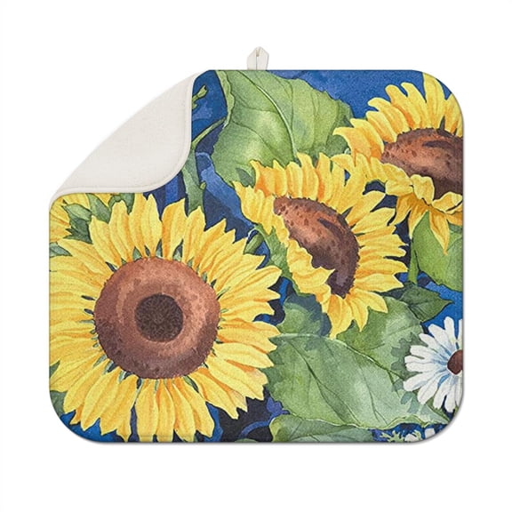 Microfiber Dish Mat with Sunflower Theme, 16x18 Inch Drying Pad for Kitchen Countertop, Foldable and Absorbent Rack Design