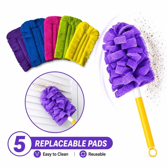 Microfiber Duster with 5 Replaceable Washable Heads, Handheld Multi-Purpose Cleaning Brush for Home Office Car Furniture Blinds Electronics, Soft Dust Trapping Ergonomic Handle Easy Storage