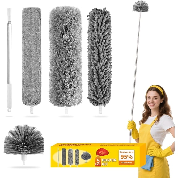 Microfiber Duster 5-in-1 Kit, Dusters for Cleaning, Duster with Extension Pole 100 Inches, Cobweb Duster, Microfiber Dusters for High Ceilings and Fans, Blinds, and Furniture