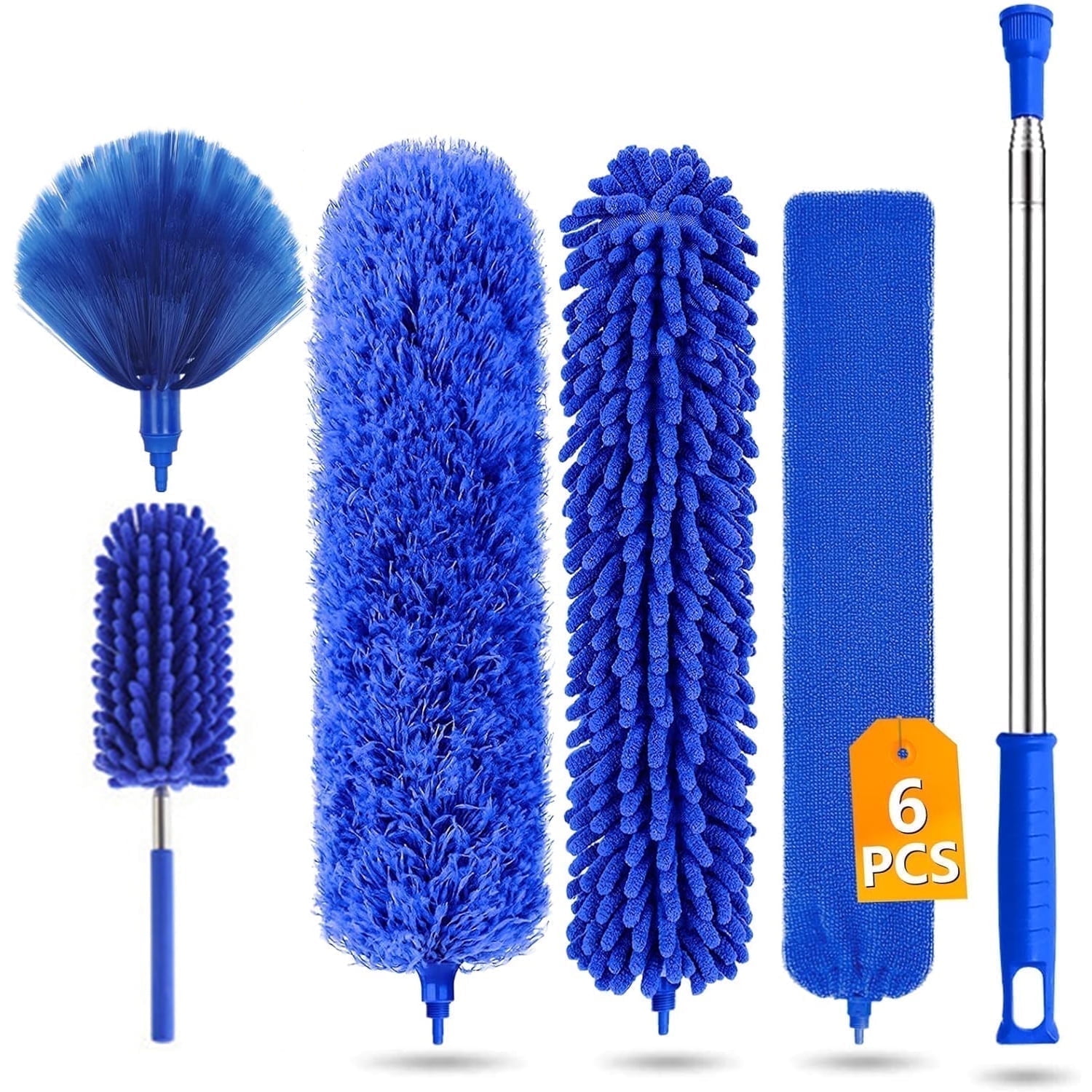 Microfiber Feather Duster, 6PCS Dust Kit with 100 inch Telescoping Extension Pole, Reusable Bendable Dusters, Washable Lightweight for Ceilings Fans