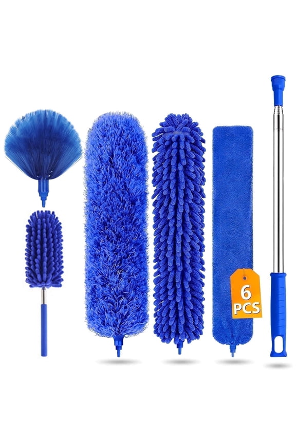 Microfiber Duster, 6PCS Feather with 100 inch Telescoping Extension Pole, Reusable Bendable Dusters, Washable Lightweight for Ceilings Fans