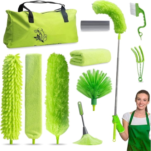 Microfiber Duster with Extension Pole 30 to 100'', Bendable  Washable  Dusters for Cleaning High Ceiling Fan, Cobweb, Blinds, Keyboard, Furniture & , Green  for Women (11 PCS)