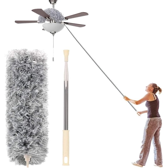 Microfiber Duster with Extension Pole(Stainless ) 30 to 100'', with Bendable , Extendable Long Duster for Cleaning Ceiling Fan, High Ceiling, Keyboard, Furniture Gray