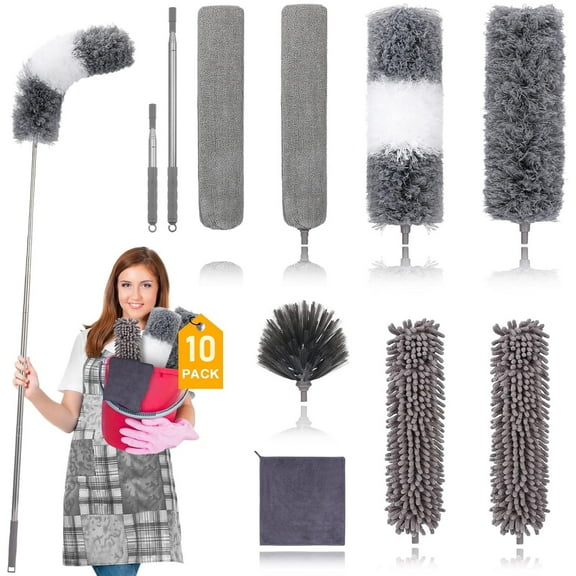 Microfiber Duster Kit, 10PCS Extendable Feather Duster with 83" Extension Pole, Washable Reusable Bendable Dusters for Cleaning Ceiling Fan, High Ceiling, Furniture, Blinds, Cars