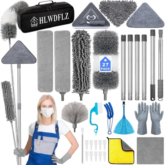 Microfiber Duster Kit 27pcs with 30 to 100 Inches Extension Pole and Wall Cleaner Mop, Washable and Bendable Feather Duster for Cleaning Ceiling Fans, High Ceilings, Cobwebs, Blinds, Grey