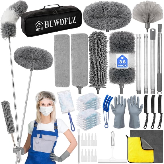 Microfiber Duster Kit 36pcs with 30 to 100 in Extension Pole and Ceiling Fan Cleaner Duster, Washable and Bendable Feather Duster for Cleaning Ceiling Fans, High Ceilings, Blinds, Grey